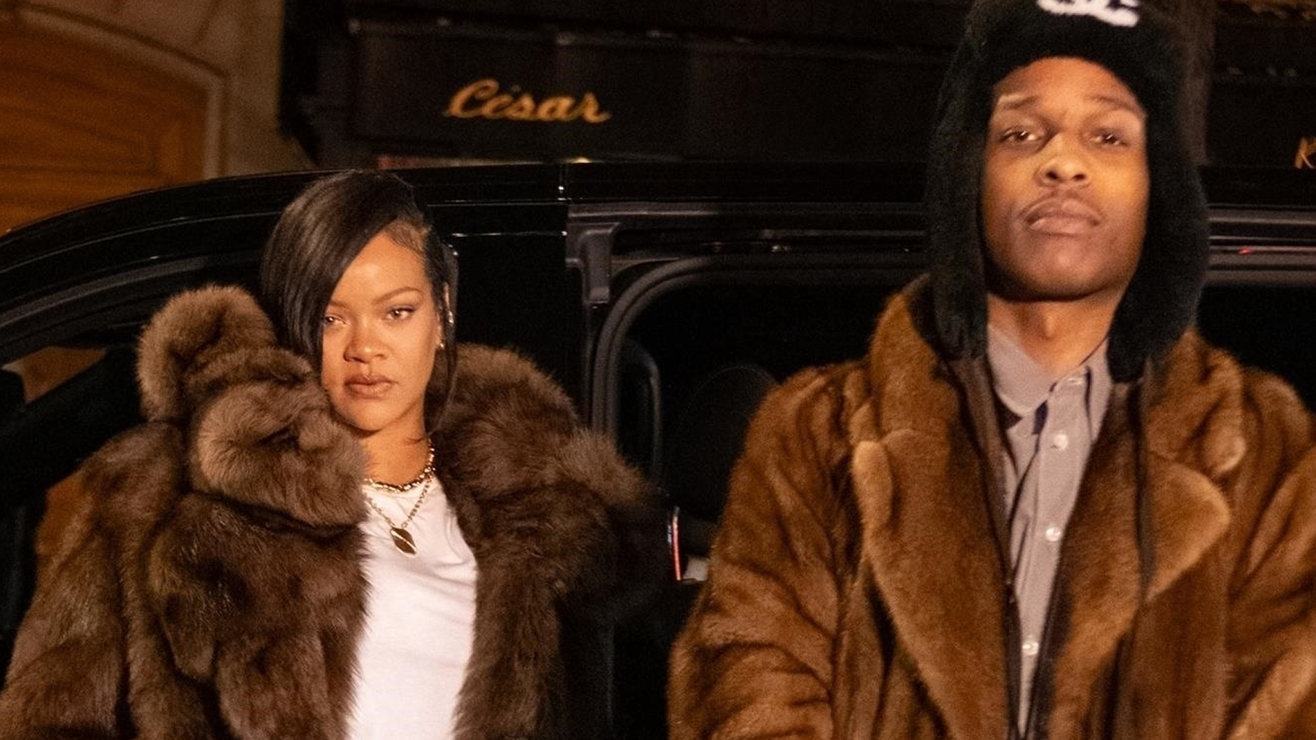 Rihanna and A$AP Rocky posed after dinner in matching fur coats and baggy jeans