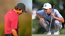 Charlie Woods looks down at the ground (left) while Miles Russell lines up a putt during the 2024 Butterfield Bermuda Championship (right)