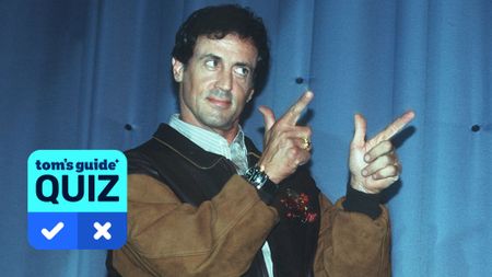 A portrait of Sylvester Stallone, with a 'Tom's Guide Quiz' graphic overlaid