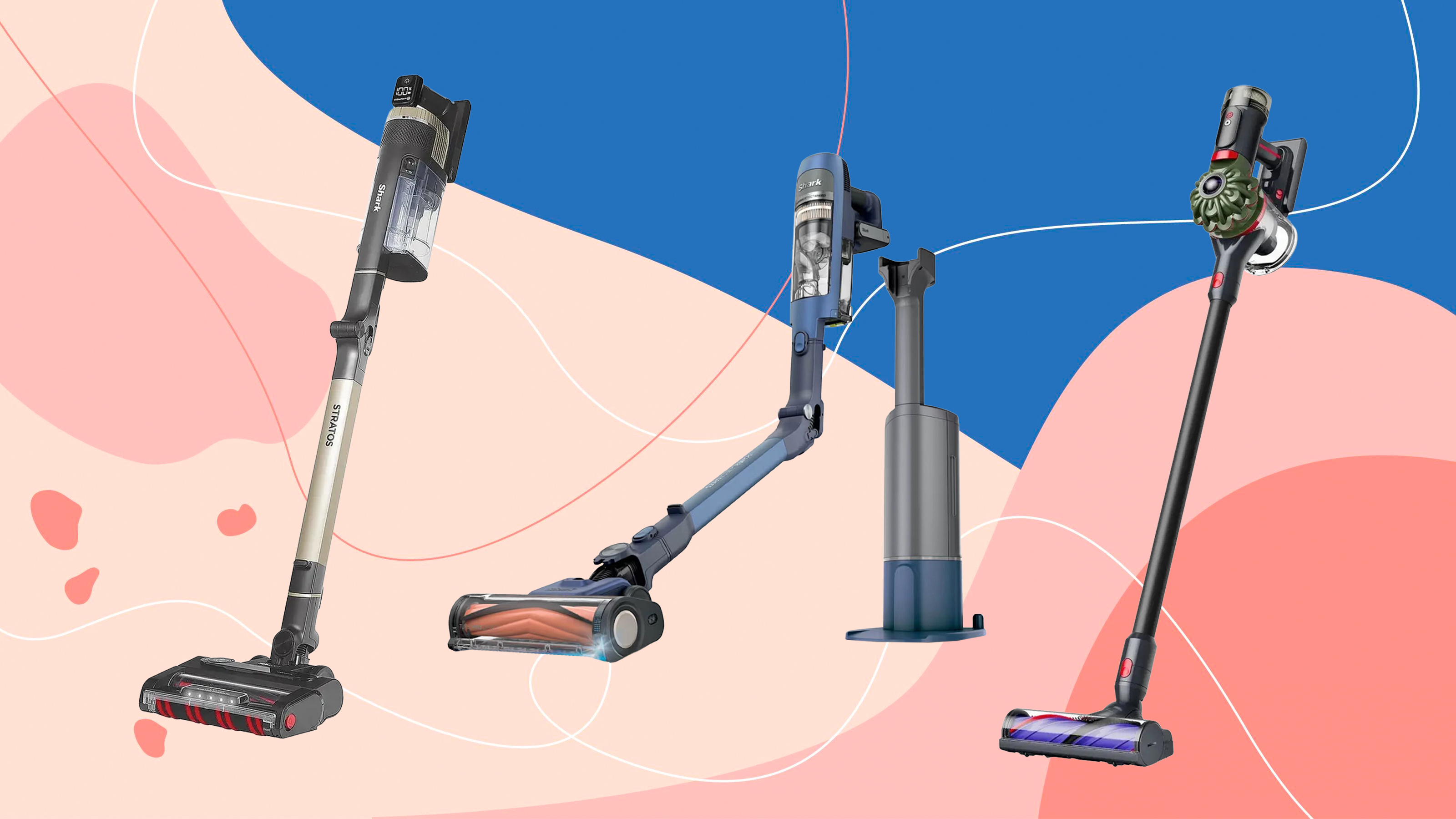 two Shark and one Dyson cordless vacuum on a pink and blue background