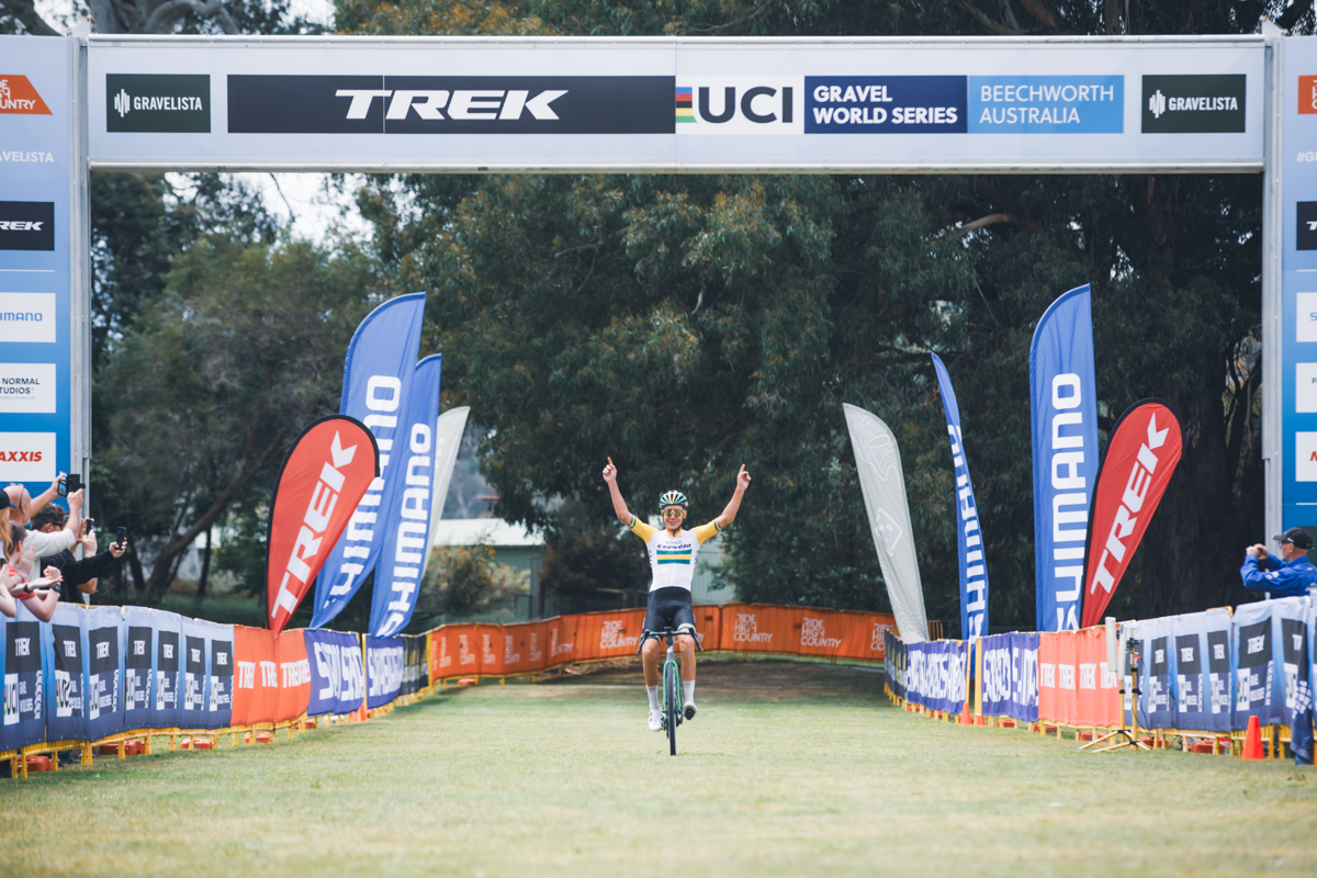 Connor Sens at the Gravelista round of the UCI Gravel World Series race in Beechworth, 2023