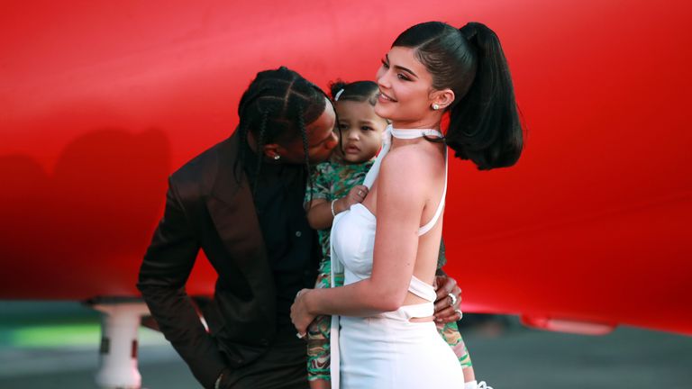 santa monica, california august 27 l r travis scott, stormi webster, and kylie jenner attend the premiere of netflixs travis scott look mom i can fly at barker hangar on august 27, 2019 in santa monica, california photo by rich furygetty images