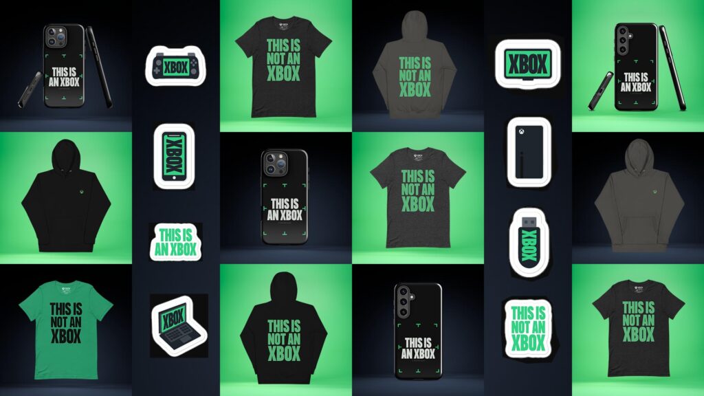 Xbox's 'this is an Xbox' campaign, showing off branded shirts, jumpers, stickers, and cases