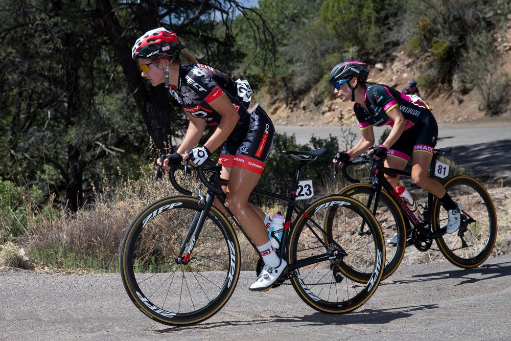 Jasmin Duehring (Team Twenty 20/Sho-Air) leads Claudia Veronica Leal Balderas (CONADE-Specialized-Visit Mexico) on the climb of stage 1 of the Tour of The Gila on April 18, 2018 in Silver City