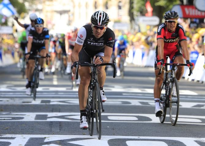 Fabian Cancellara (Trek) and Greg Van Avermaet (BMC) cross the line