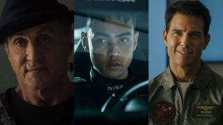 Sylvester Stallone in Creed II, Archie Madekwe in Gran Turismo, and Tom Cruise in Top Gun: Maverick, pictured side by side.