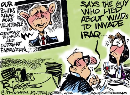 Political cartoon U.S. Bush Iraq invasion lies Trump
