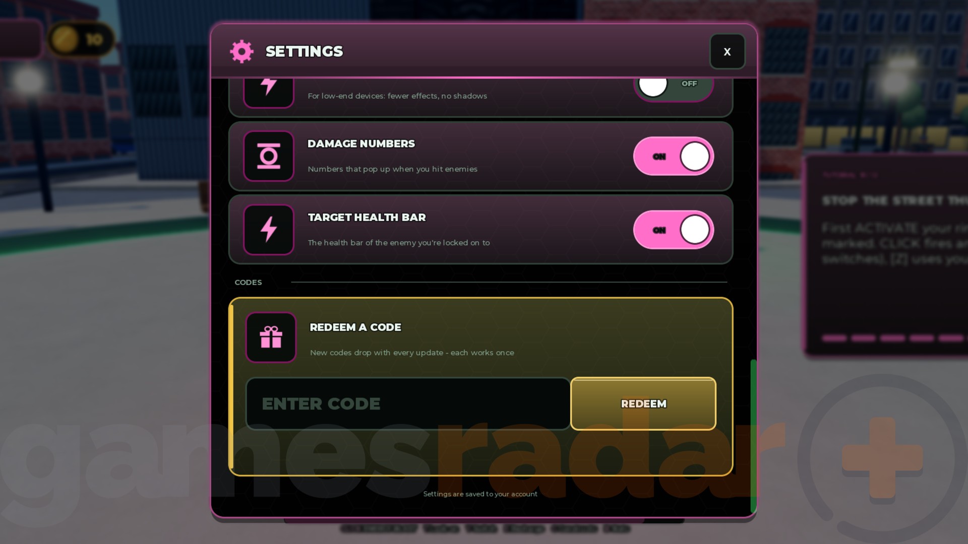 The Lanterns codes redemption box in-game.