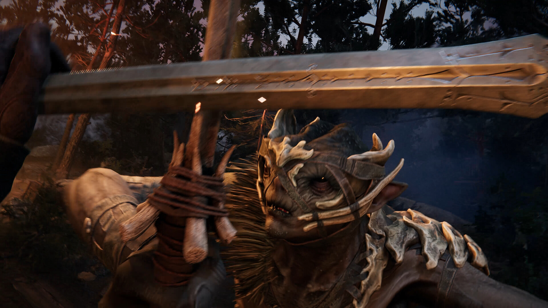 Promotional screenshot of the player fighting a goblin in Alkahest