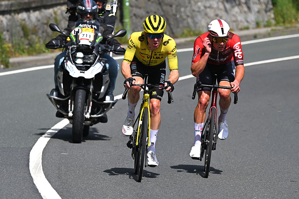 EIBAR, SPAIN - APRIL 10: (L-R) Steven Kruijswijk of Netherlands and Team Visma | Lease a Bike and Baptiste Veistroffer of France and Team Lotto Intermarch&eacute; compete in the breakaway during the 65th Itzulia Basque Country 2026, Stage 5 a 176.2km stage from Eibar to Eibar / #UCIWT / on April 10, 2026 in Eibar, Spain. (Photo by Tim de Waele/Getty Images)