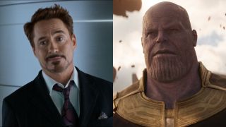 Tony Stark (Robert Downey Jr.) speaks to Happy Hogan in Spider-Man: Homecoming, while Thanos (Josh Brolin) arrives on Titan in Avengers: Infinity War