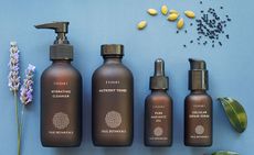 True Botanicals products in brown bottles on a blue background