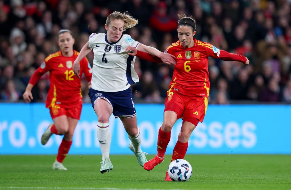 Keira Walsh of England and Aitana Bonmati of Spain challenge during the UEFA Women&#039;s Nations League 2024/25 Grp A3 MD2 match between England and Spain at Wembley Stadium on February 26, 2025 in London, England.