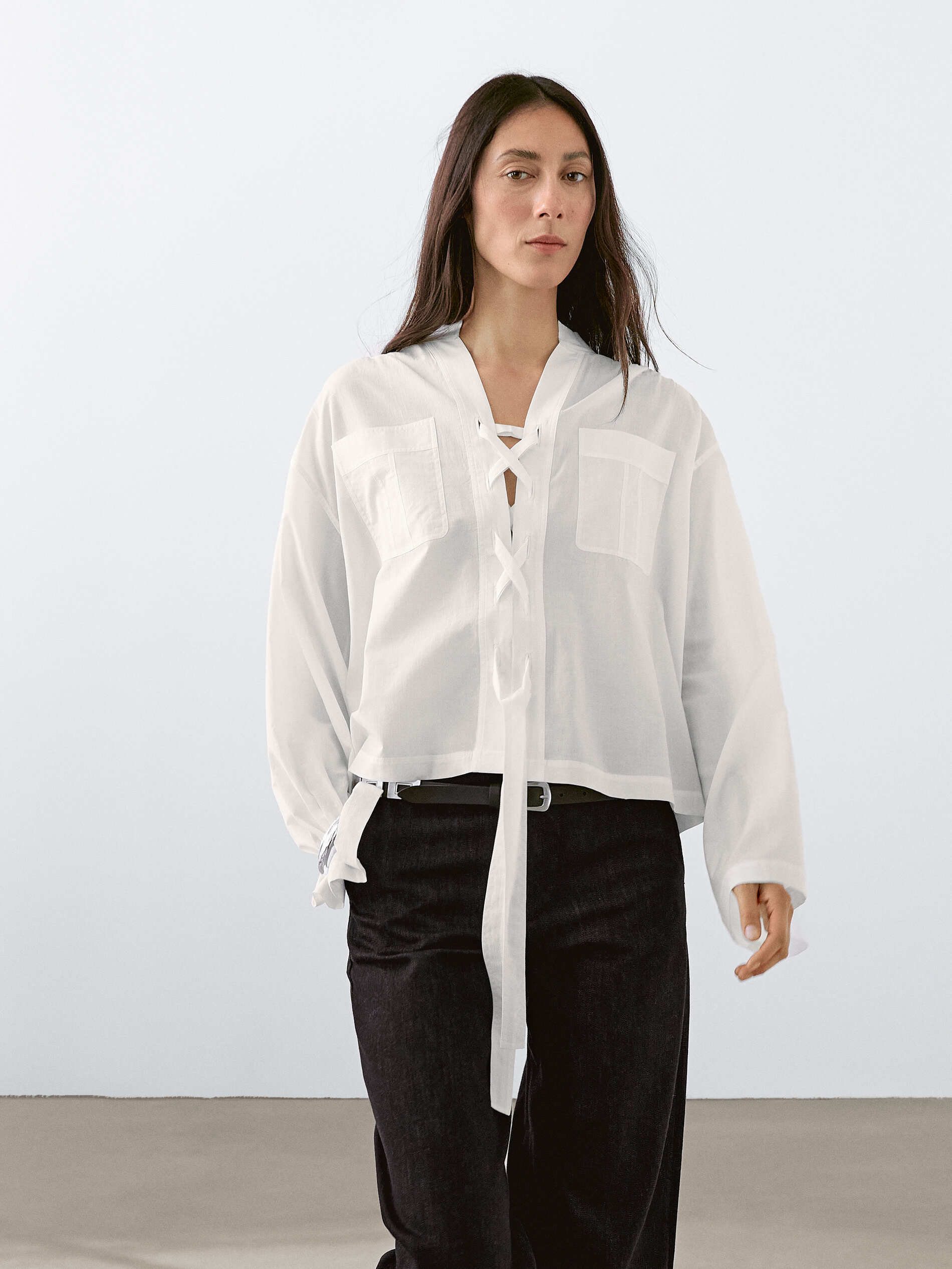 Stand Collar Blouse With Tie Detail