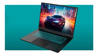 A Gigabyte A16 RTX 5070 gaming laptop on a teal deals background