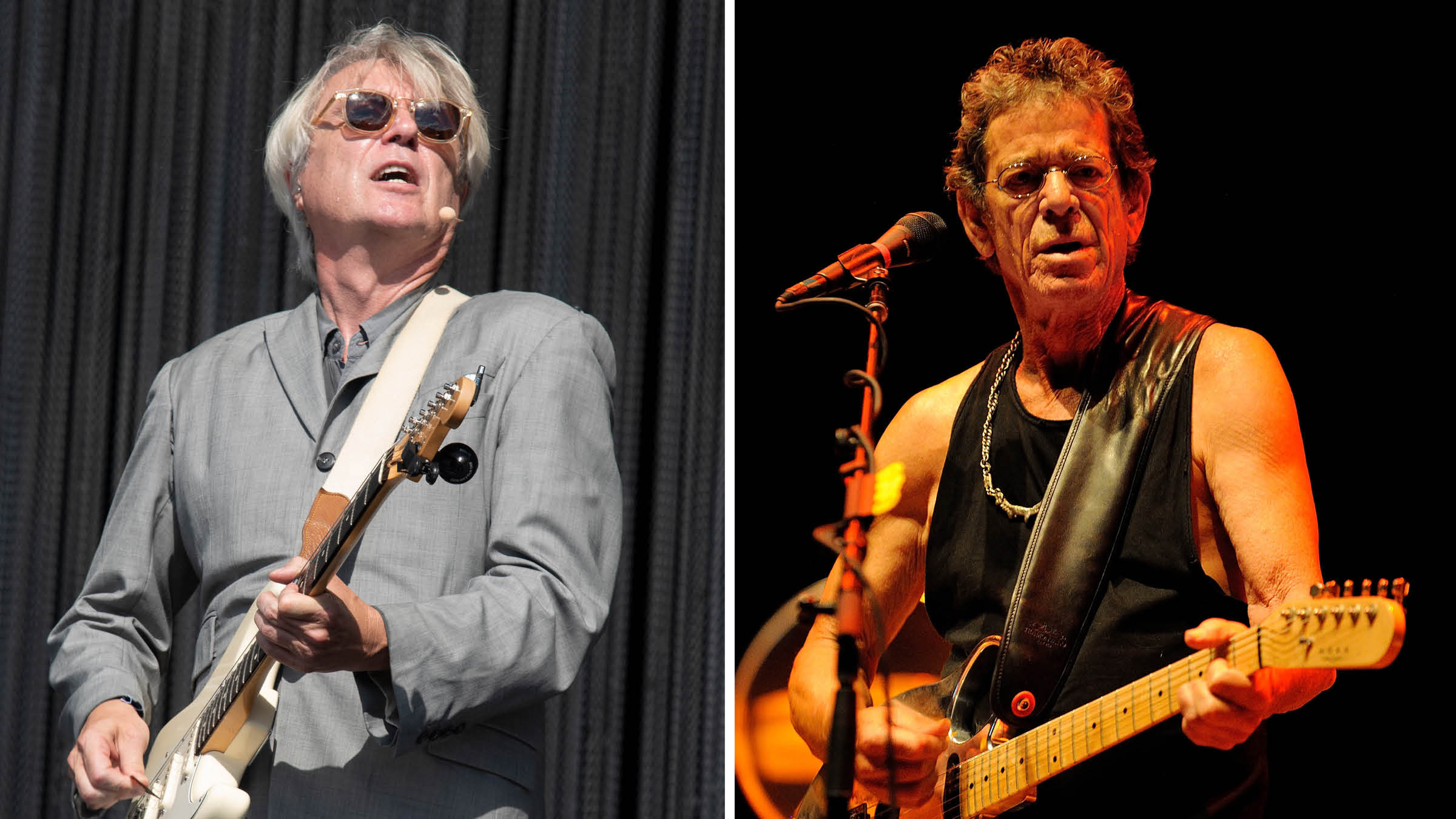 David Byrne wears horn-rimmed sunglasses and a gray suit as he performs live with a Fender Stratocaster. Lou Reed wears a black vest, is bathed in warm light, as he plays London's Southbank Centre in 2012.