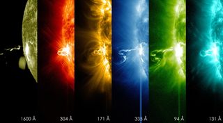 On Feb. 24, 2014, the sun emitted a significant solar flare, peaking at 7:49 p.m. EST. NASA's Solar Dynamics Observatory (SDO), which keeps a constant watch on the sun, captured images of the event. These SDO images from 7:25 p.m. EST on Feb. 24 show the first moments of this X-class flare in different wavelengths of light -- seen as the bright spot that appears on the left limb of the sun. Hot solar material can be seen hovering above the active region in the sun's atmosphere, the corona.