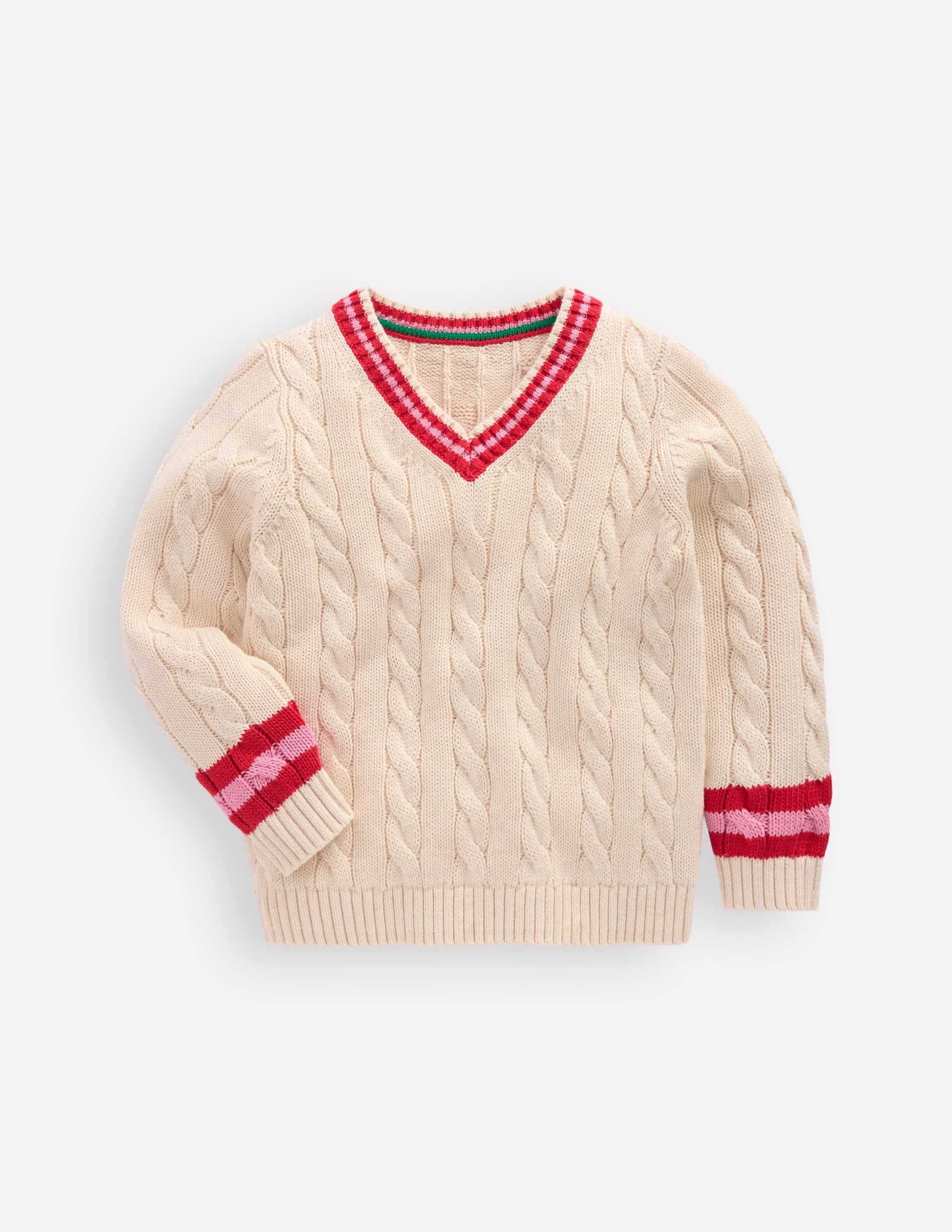 V-Neck Cable Sweater-Ecru Marl