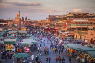 An aerial view of Jemaa el-Fnaa in Marrakech, Morocco