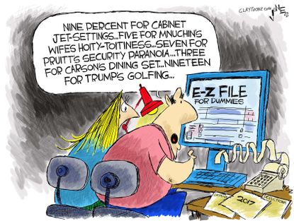 Political cartoon U.S. tax season Trump golfing White House scandals