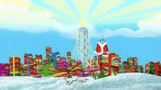 The city decorated for Christmas in Phineas and Ferb.
