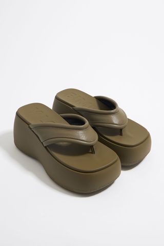 Khaki Leather High-Wedge Sandal
