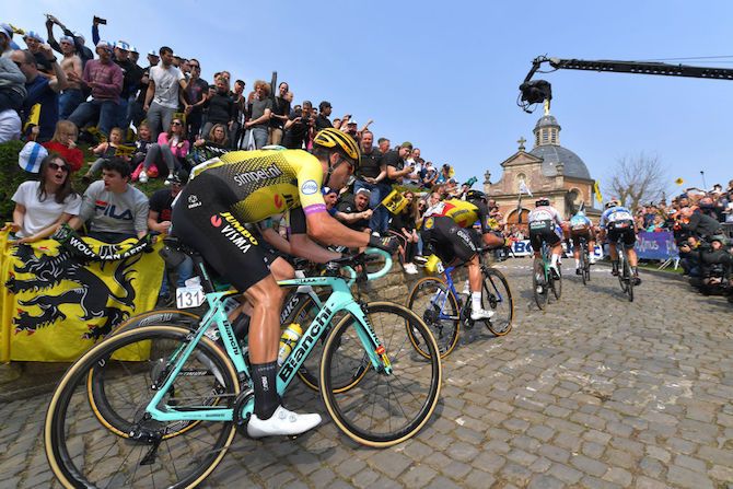 Wout van Aert (Jumbo-Visma) digs deep on the Muur van Geraardsbergen during the 2019 Tour of Flanders