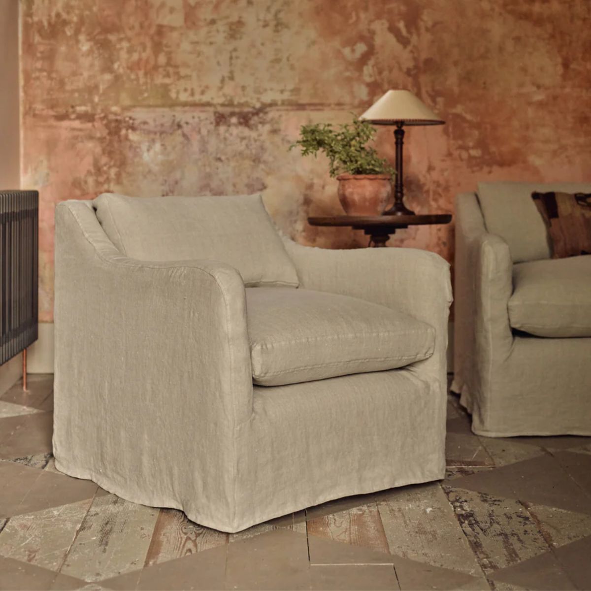 Modern linen neutral armchair