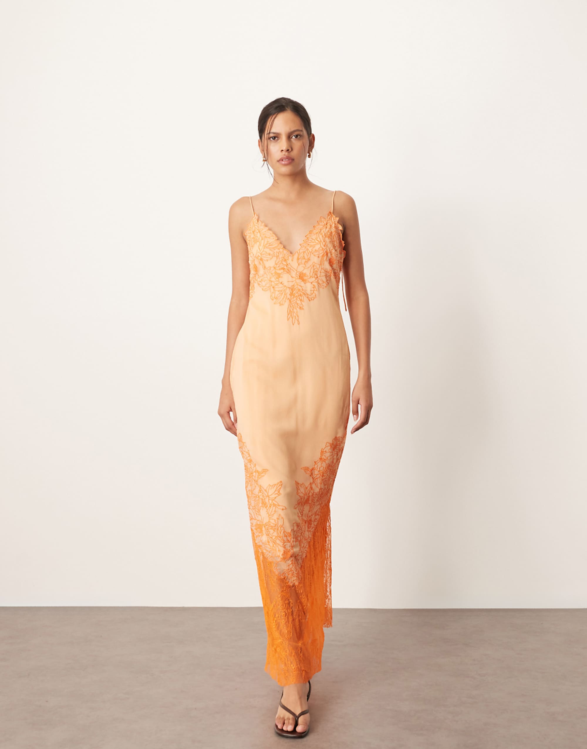 Arrange applique embroidered lace paneled Cami Maxi dress in peach