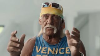 Hulk Hogan wearing yellow bandana and a Venice Beach sleeveless shirt during interview for Hulk Hogan: Real American