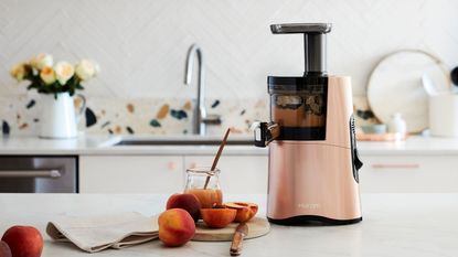 Hurom H-AA Slow Juicer in pink on kitchen counter with fresh fruit and Terazzo tiling and floral bouquet in background