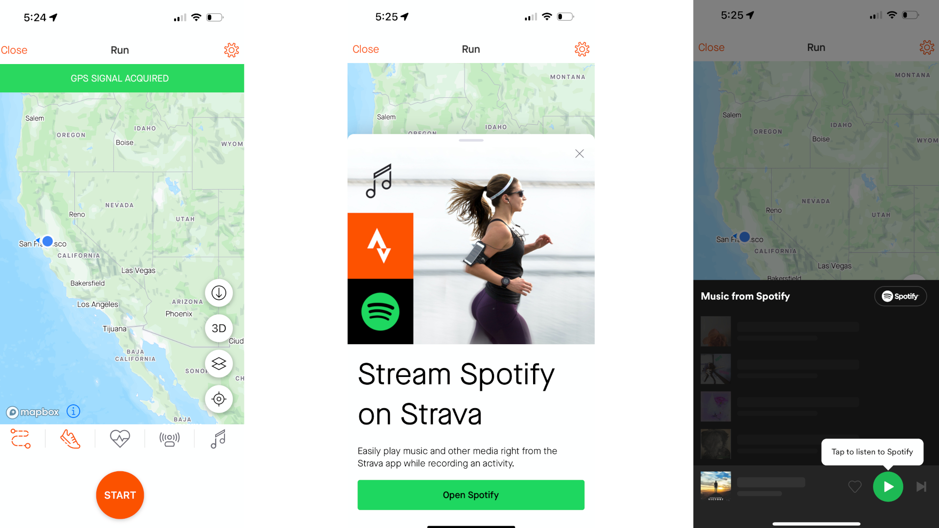 Ekrano kopijos, rodančios, kaip sinchronizuoti „Spotify“ su „Strava“.