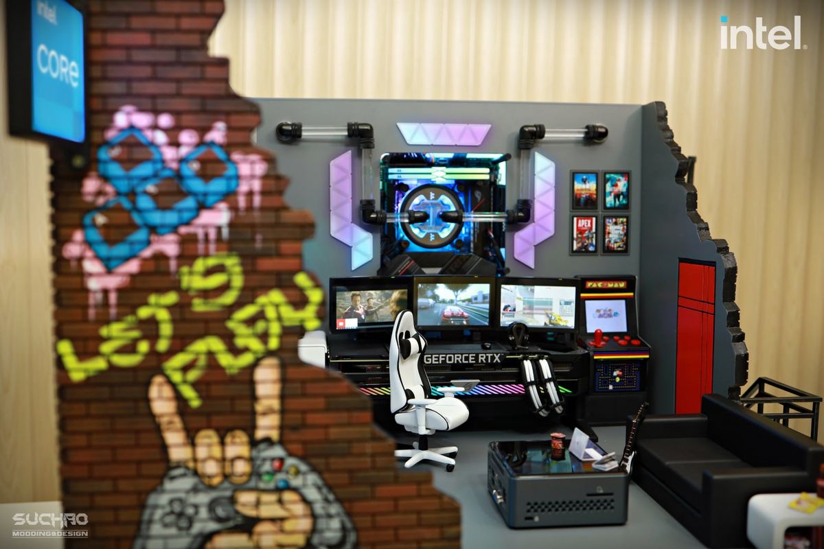 A gaming PC build that looks like a tiny gaming den.