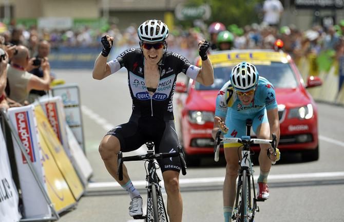 Jan Bakelants (Omega Pharma - QuickStep) throws his arms in the air after winning stage six