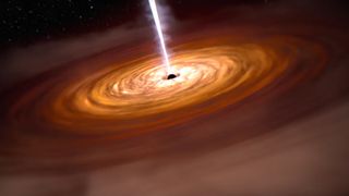 An illustration showing a quasar powered by a feeding supermassive black hole.