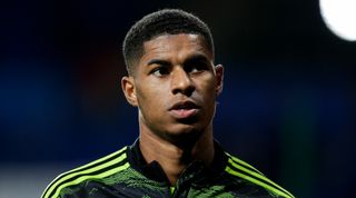 Marcus Rashford of Manchester United warms up prior to the UEFA Europa League group match between Real Sociedad and Manchester United at the Reale Arena in San Sebastian, Basque Country, Spain on 3 November, 2022.