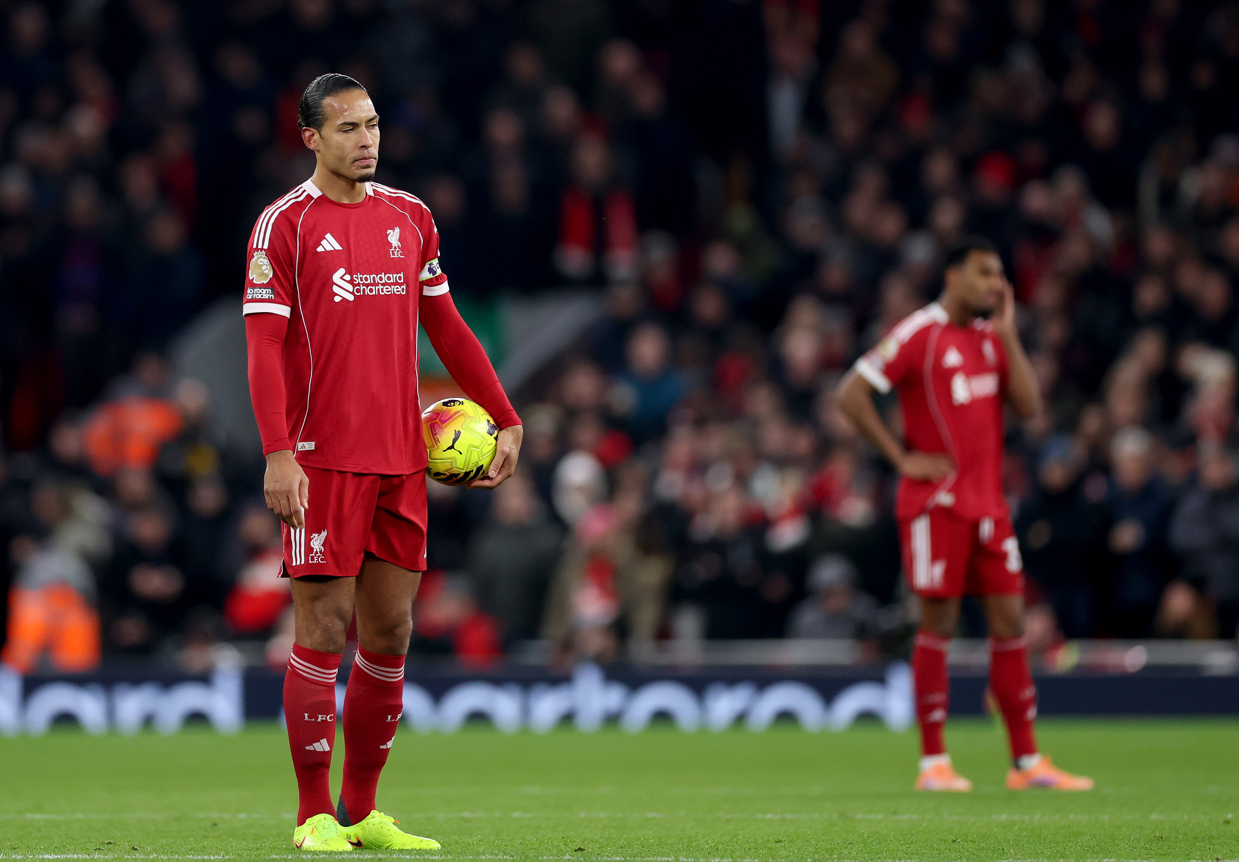 LIVERPOOL, ENGLAND - DECEMBER 03: Virgil van Dijk of Liverpool during the Premier League match between Liverpool and Sunderland at Anfield on December 03, 2025 in Liverpool, England. (Photo by Carl Recine/Getty Images)