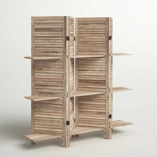 light wooden room divider with shelves