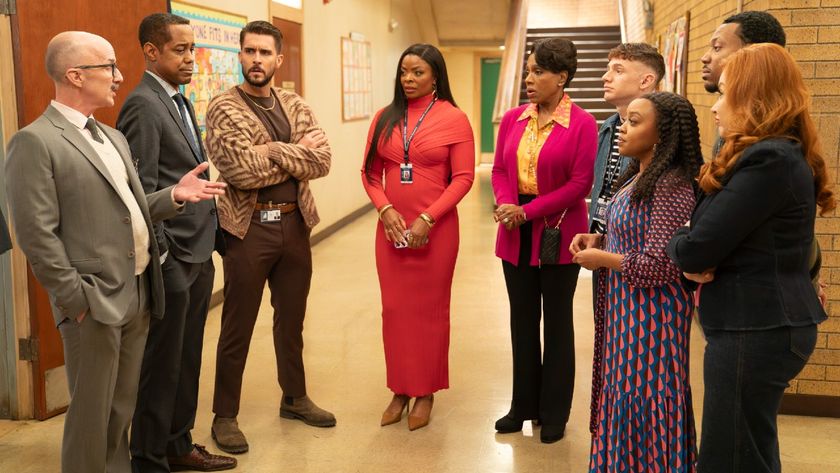 From left to right JIM RASH, WAYNE WILDERSON, JOSH SEGARRA talking to JANELLE JAMES, SHERYL LEE RALPH, CHRIS PERFETTI, QUINTA BRUNSON, TYLER JAMES WILLIAMS, LISA ANN WALTER who all look scared.