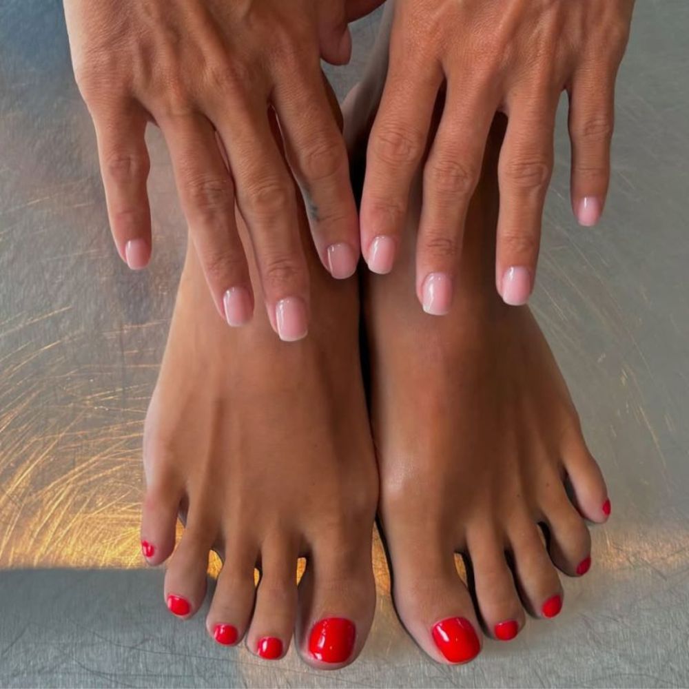 Pink Manicure and Red Pedicure