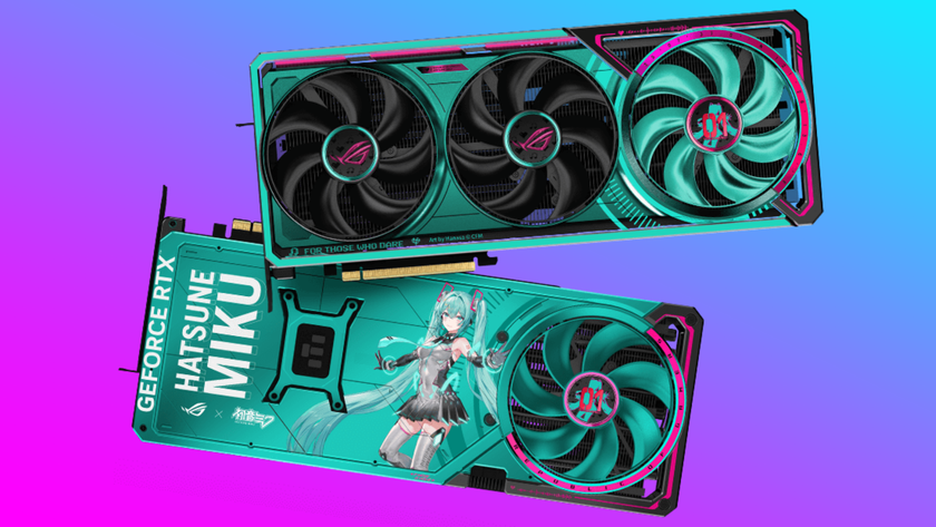 The Asus ROG Astral Geforce RTX 5080 O16G Hatsune Miku Edition GPU floats in a teal-pink gradient void.