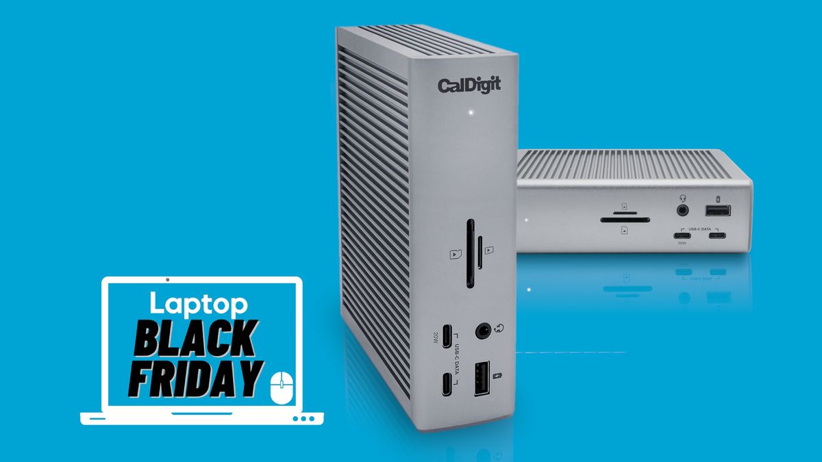 Two CalDigit TS4 Thunderbolt 4 Docking Stations on a blue background with the Laptop Mag Black Friday deal badge overlayed in the lower left quadrant of the image.