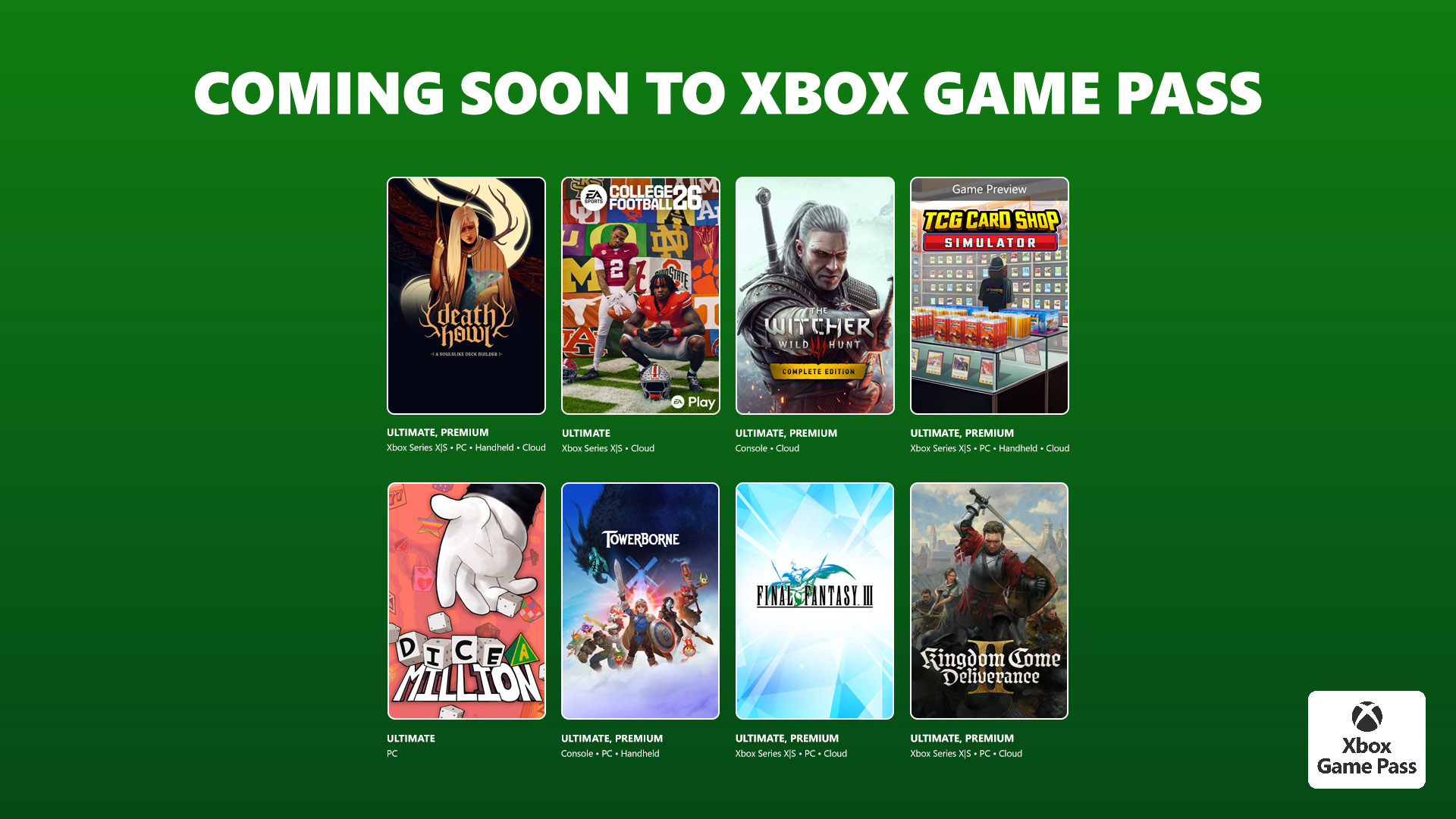 Promotional image of Xbox Game Pass' next batch of games for February 2026.