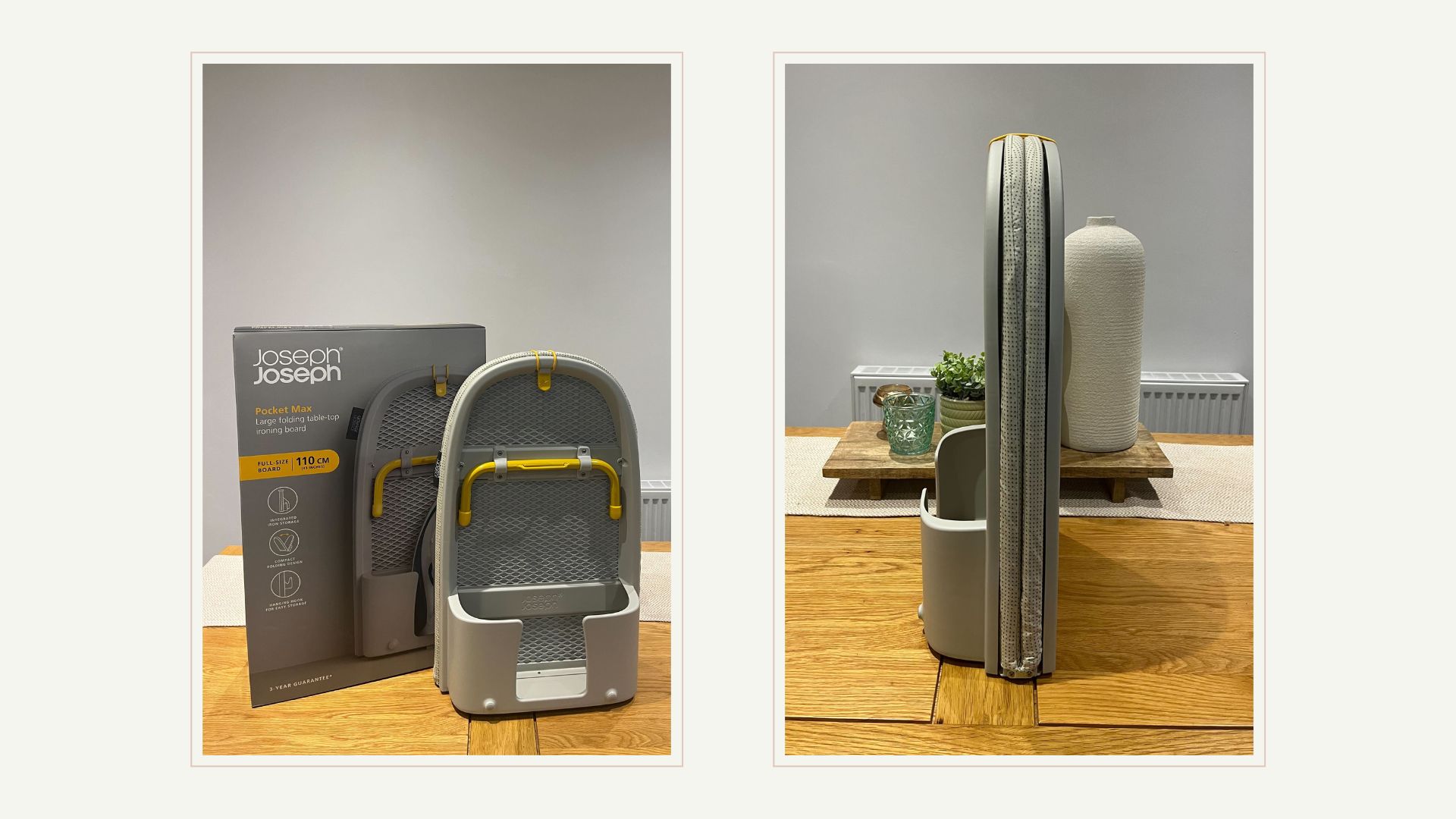 fold up ironing board on table with boc and then to side