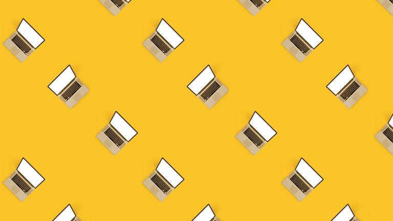 Burnout—laptop computer from above seamless pattern in yellow background.