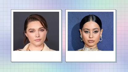 Collage of Florence Pugh and Alexa Demie in squares, against a purple/green background