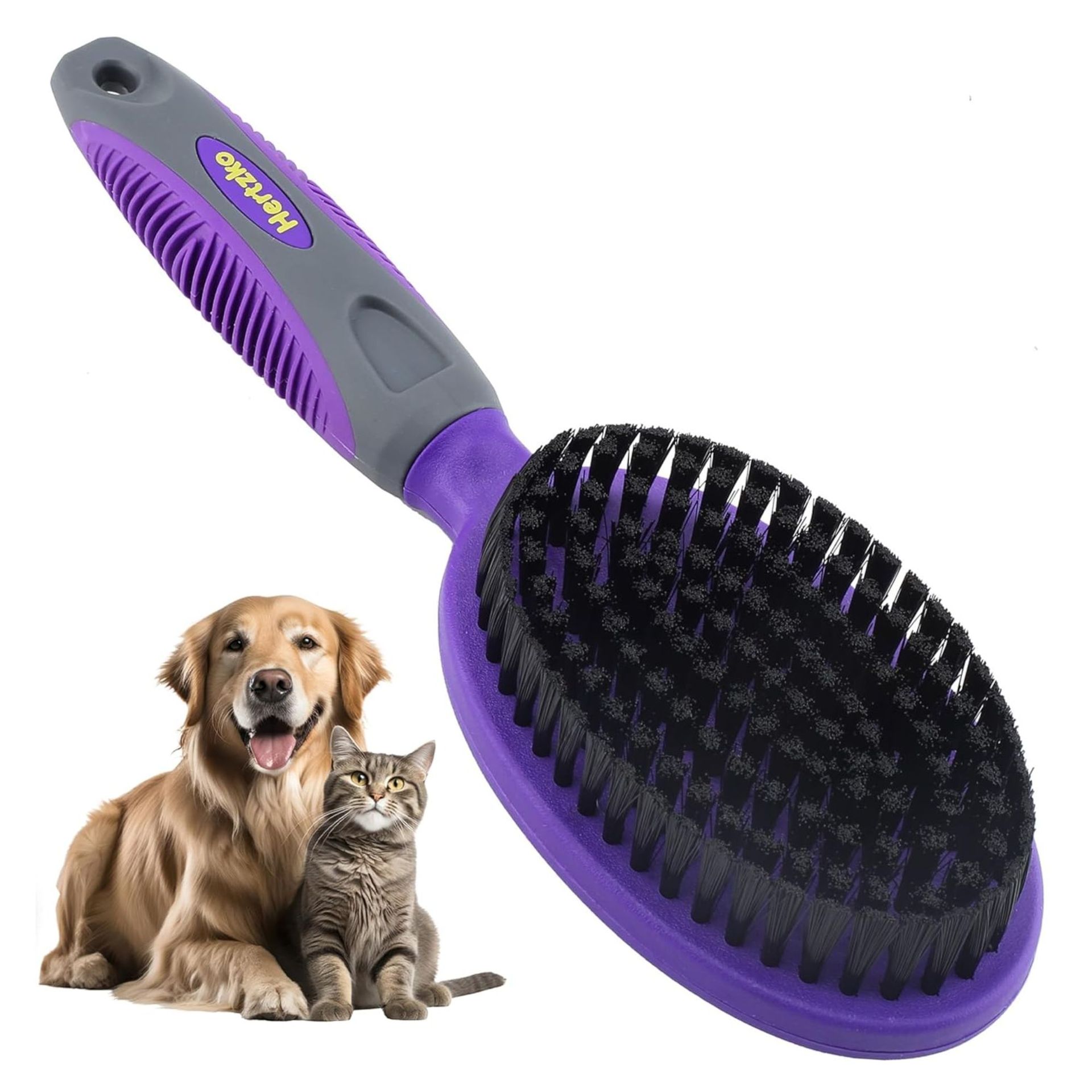 A purple and black pet hair brush next to a dog and a cat