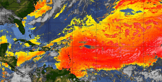 National Atmospheric and Oceanic Administration (NOAA) satellite data, processed at the University of Wisconsin, shows the unprecidented dust plume (yellow to red) approaching the United States June 26.