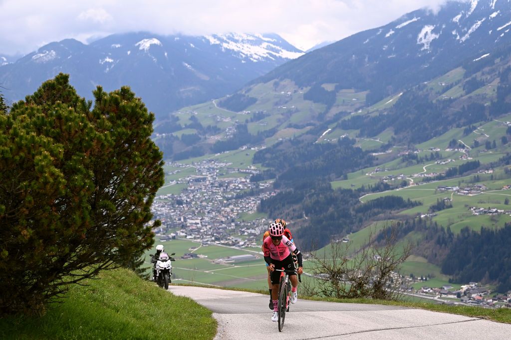 ALPBACH AUSTRIA APRIL 17 A general view of Alexander Cepeda of Ecuador and Team EF EducationEasypost and Jack Haig of Australia and Team Bahrain Victorious compete in the breakaway climbing to the Kerschbaumer Sattel 1109m during the 46th Tour of the Alps 2023 Stage 1 a 1275km stage from Rattenberg to Alpbach 984m on April 17 2023 in Alpbach Austria Photo by Tim de WaeleGetty Images