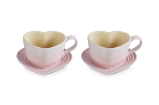 Stoneware Set of 2 Heart Mugs With Saucers